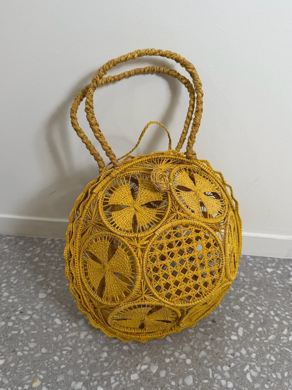 Handwoven Yellow Round Straw Tote Bag